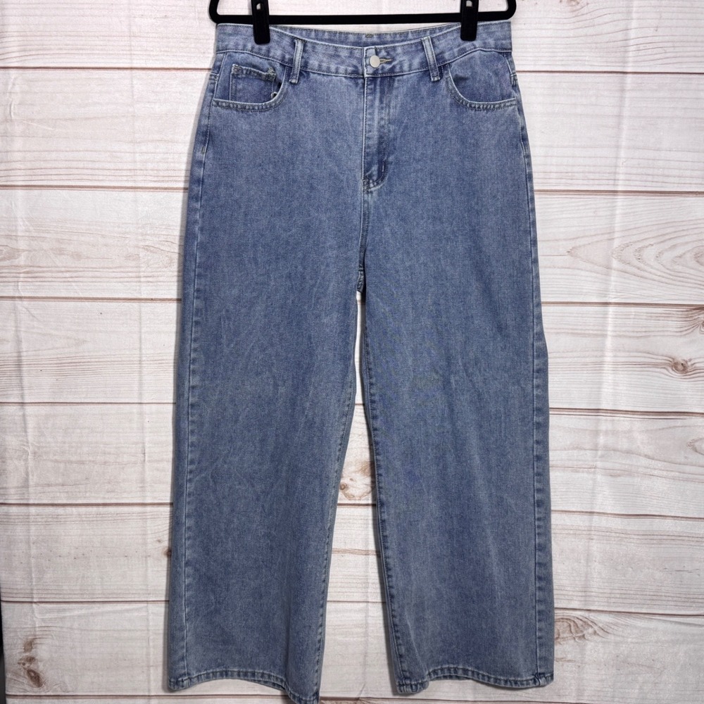 Romwe Womens XL Wide Leg Jeans Medium Wash Red Gothic Back Embroidery Y2K Style